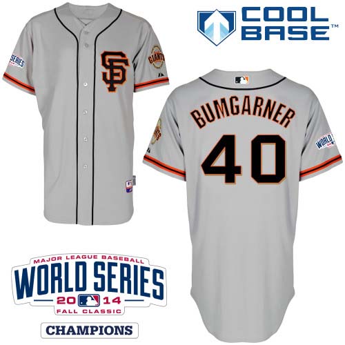 Youth Majestic San Francisco Giants #40 Madison Bumgarner Authentic Grey Road 2 Cool Base w/2014 World Series Patch MLB Jersey