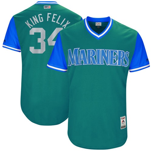 Men's Majestic Seattle Mariners #34 Felix Hernandez "King Felix" Authentic Aqua 2017 Players Weekend MLB Jersey