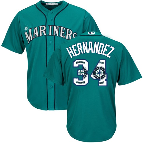 Men's Majestic Seattle Mariners #34 Felix Hernandez Authentic Teal Green Team Logo Fashion Cool Base MLB Jersey