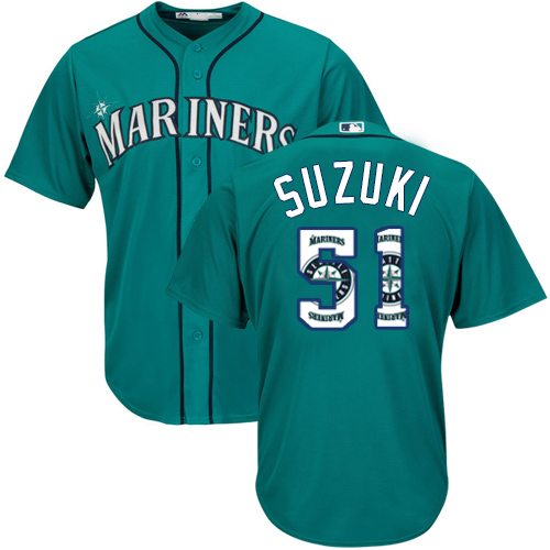 Men's Majestic Seattle Mariners #51 Ichiro Suzuki Authentic Teal Green Team Logo Fashion Cool Base MLB Jersey