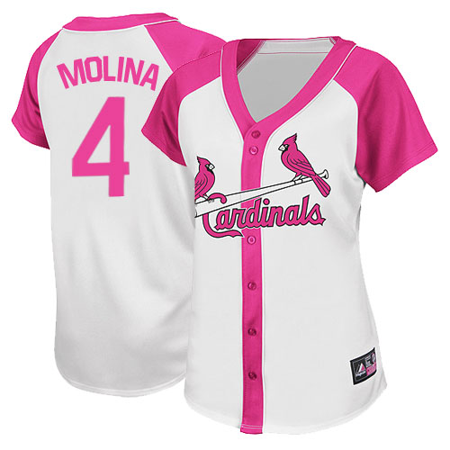 Women's Majestic St. Louis Cardinals #4 Yadier Molina Authentic White/Pink Splash Fashion MLB Jersey