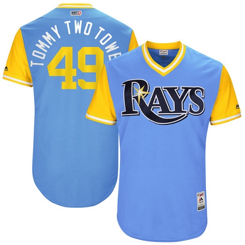 Men's Majestic Tampa Bay Rays #49 Tommy Hunter "Tommy Two Towe" Authentic Light Blue 2017 Players Weekend MLB Jersey