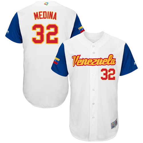 Men's Venezuela Baseball Majestic #32 Jhondaniel Medina White 2017 World Baseball Classic Authentic Team Jersey