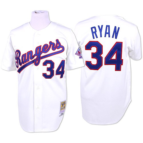 Men's Mitchell and Ness Texas Rangers #34 Nolan Ryan Replica White Throwback MLB Jersey
