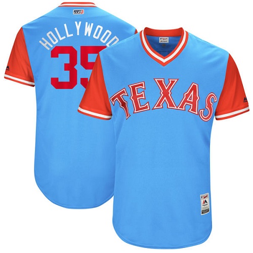 Men's Majestic Texas Rangers #35 Cole Hamels "Hollywood" Authentic Light Blue 2017 Players Weekend MLB Jersey
