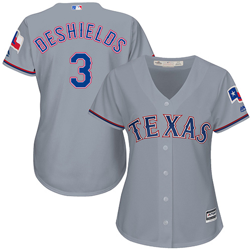 Women's Majestic Texas Rangers #3 Delino DeShields Replica Grey Road Cool Base MLB Jersey