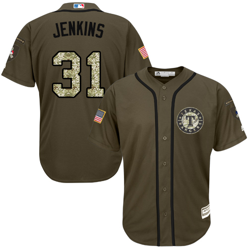 Men's Majestic Texas Rangers #31 Ferguson Jenkins Replica Green Salute to Service MLB Jersey