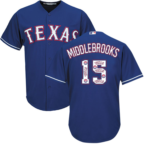 Men's Majestic Texas Rangers #15 Will Middlebrooks Authentic Royal Blue Team Logo Fashion Cool Base MLB Jersey