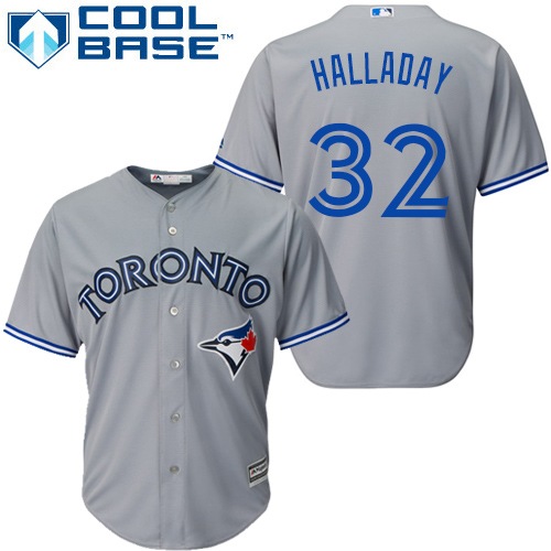 Men's Majestic Toronto Blue Jays #32 Roy Halladay Replica Grey Road MLB Jersey