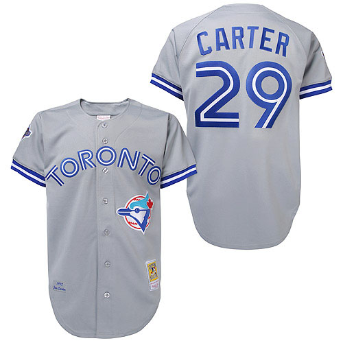 Men's Mitchell and Ness Toronto Blue Jays #29 Joe Carter Replica Grey Throwback MLB Jersey