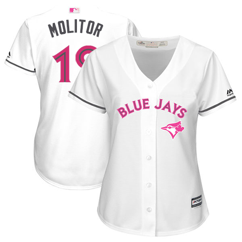 Women's Majestic Toronto Blue Jays #19 Paul Molitor Authentic White Mother's Day Cool Base MLB Jersey