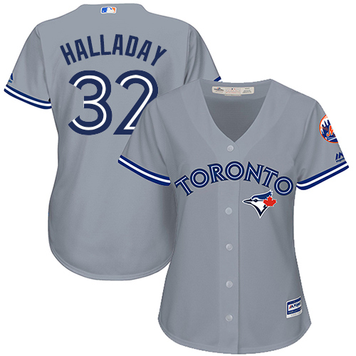 Women's Majestic Toronto Blue Jays #32 Roy Halladay Replica Grey Road MLB Jersey