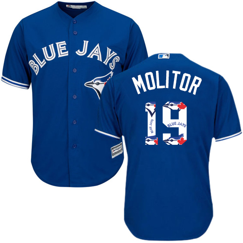 Men's Majestic Toronto Blue Jays #19 Paul Molitor Authentic Blue Team Logo Fashion MLB Jersey