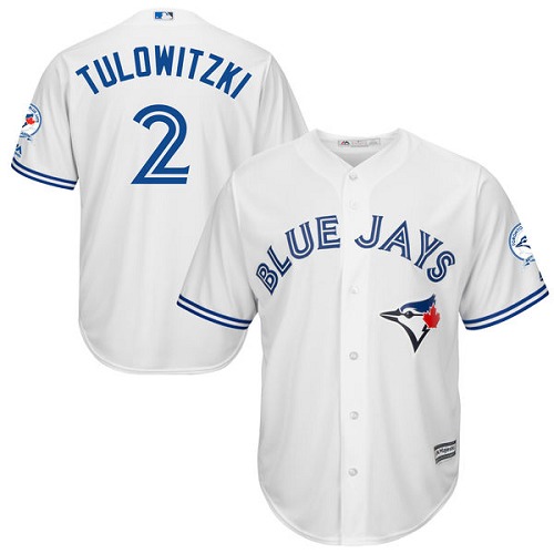 Men's Majestic Toronto Blue Jays #2 Troy Tulowitzki Replica White Home 40th Anniversary Patch MLB Jersey