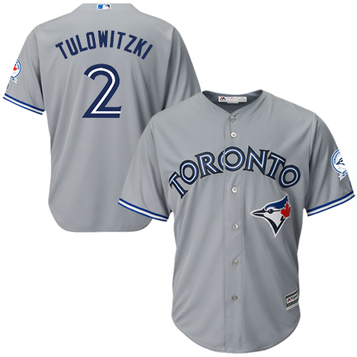 Men's Majestic Toronto Blue Jays #2 Troy Tulowitzki Replica Grey Road 40th Anniversary Patch MLB Jersey