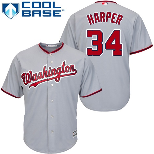 Men's Majestic Washington Nationals #34 Bryce Harper Replica Grey Road Cool Base MLB Jersey