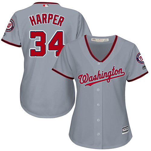 Women's Majestic Washington Nationals #34 Bryce Harper Authentic Grey Road Cool Base MLB Jersey