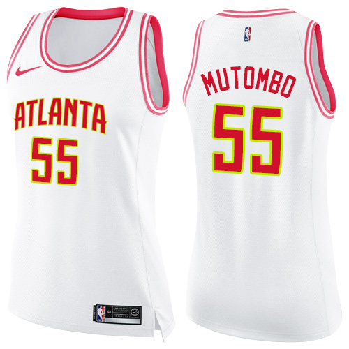 Women's Nike Atlanta Hawks #55 Dikembe Mutombo Swingman White/Pink Fashion NBA Jersey