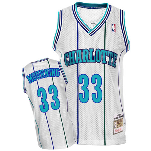 Men's Mitchell and Ness Charlotte Hornets #33 Alonzo Mourning Authentic White Throwback NBA Jersey