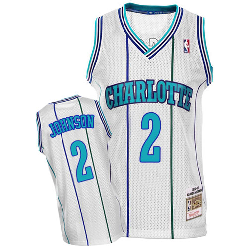 Men's Mitchell and Ness Charlotte Hornets #2 Larry Johnson Authentic White Throwback NBA Jersey