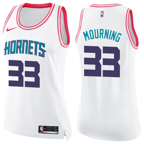 Women's Nike Charlotte Hornets #33 Alonzo Mourning Swingman White/Pink Fashion NBA Jersey