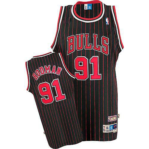 Men's Adidas Chicago Bulls #91 Dennis Rodman Swingman Black/Red Strip Throwback NBA Jersey