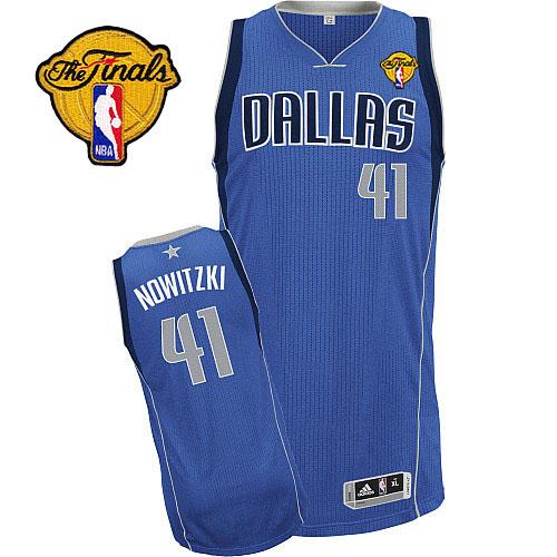 Men's Adidas Dallas Mavericks #41 Dirk Nowitzki Authentic Royal Blue Road Finals Patch NBA Jersey
