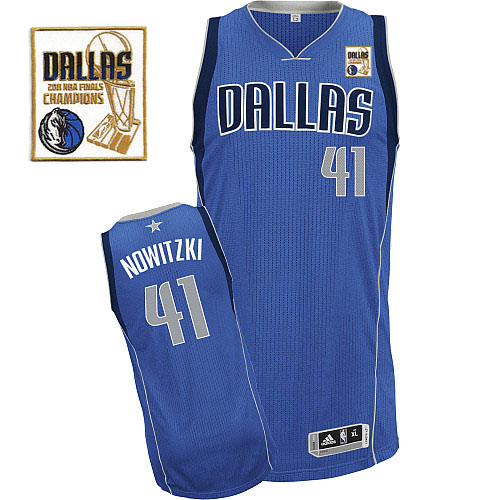 Men's Adidas Dallas Mavericks #41 Dirk Nowitzki Authentic Royal Blue Road Champions Patch NBA Jersey
