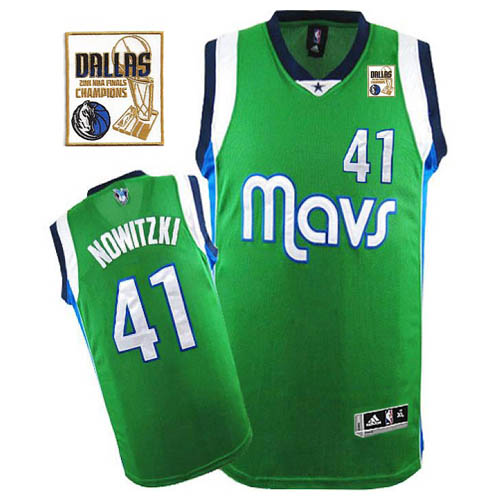 Men's Adidas Dallas Mavericks #41 Dirk Nowitzki Authentic Green Champions Patch NBA Jersey