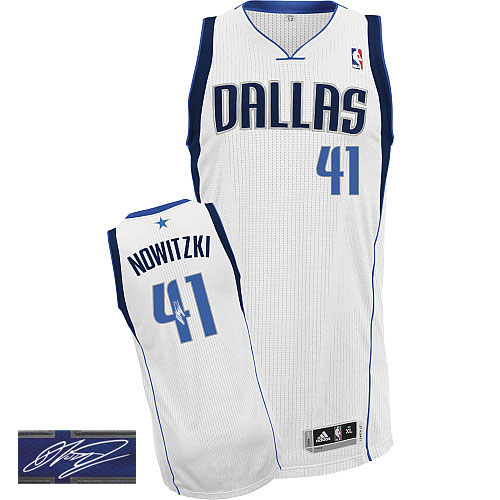 Men's Adidas Dallas Mavericks #41 Dirk Nowitzki Authentic White Home Autographed NBA Jersey