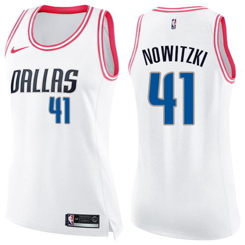 Women's Nike Dallas Mavericks #41 Dirk Nowitzki Swingman White/Pink Fashion NBA Jersey