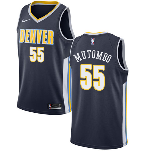 Men's Nike Denver Nuggets #55 Dikembe Mutombo Swingman Navy Blue Road NBA Jersey - Icon Edition