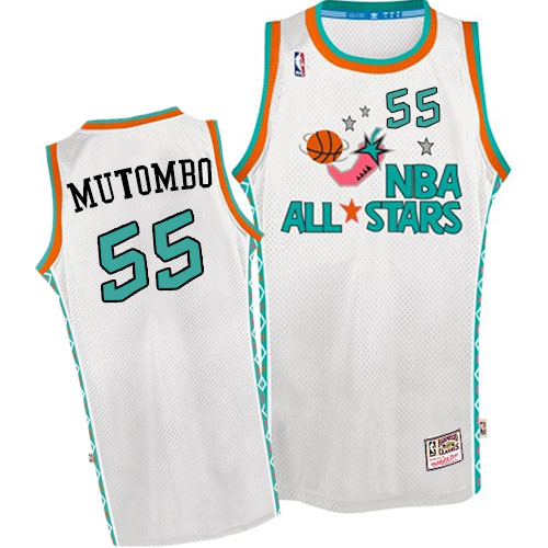 Men's Mitchell and Ness Denver Nuggets #55 Dikembe Mutombo Authentic White 1996 All Star Throwback NBA Jersey