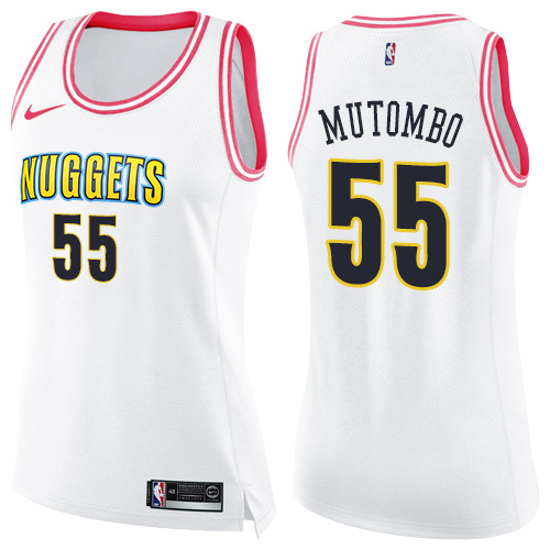 Women's Nike Denver Nuggets #55 Dikembe Mutombo Swingman White/Pink Fashion NBA Jersey