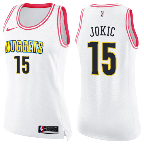 Women's Nike Denver Nuggets #15 Nikola Jokic Swingman White/Pink Fashion NBA Jersey