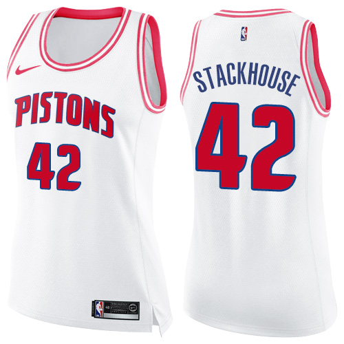 Women's Nike Detroit Pistons #42 Jerry Stackhouse Swingman White/Pink Fashion NBA Jersey