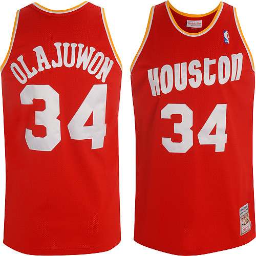 Men's Mitchell and Ness Houston Rockets #34 Hakeem Olajuwon Authentic Red Throwback NBA Jersey