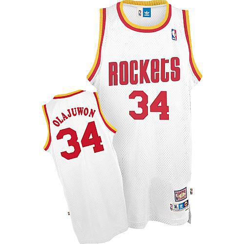 Men's Mitchell and Ness Houston Rockets #34 Hakeem Olajuwon Authentic White Throwback NBA Jersey