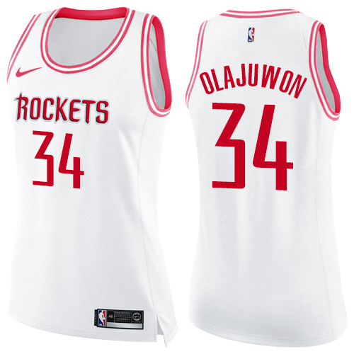 Women's Nike Houston Rockets #34 Hakeem Olajuwon Swingman White/Pink Fashion NBA Jersey