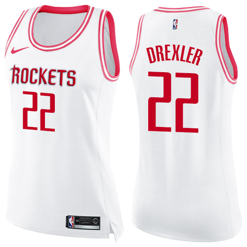 Women's Nike Houston Rockets #22 Clyde Drexler Swingman White/Pink Fashion NBA Jersey