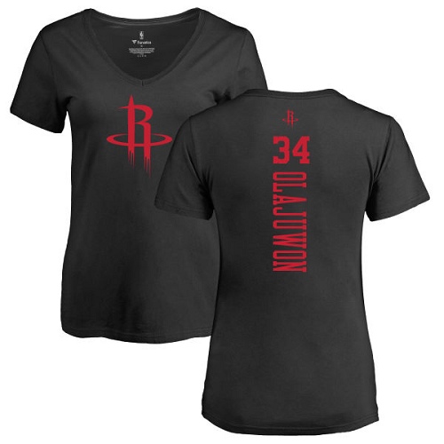NBA Women's Nike Houston Rockets #34 Hakeem Olajuwon Black One Color Backer Slim-Fit V-Neck T-Shirt