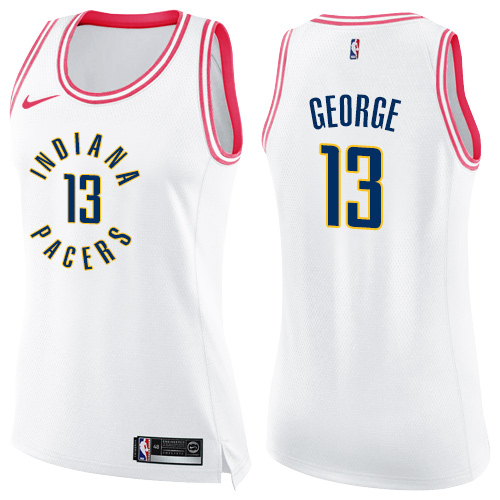 Women's Nike Indiana Pacers #13 Paul George Swingman White/Pink Fashion NBA Jersey