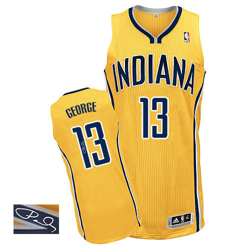 Men's Adidas Indiana Pacers #13 Paul George Authentic Gold Alternate Autographed NBA Jersey