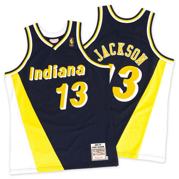 Men's Mitchell and Ness Indiana Pacers #13 Mark Jackson Authentic Navy/Gold Throwback NBA Jersey