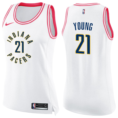 Women's Nike Indiana Pacers #21 Thaddeus Young Swingman White/Pink Fashion NBA Jersey