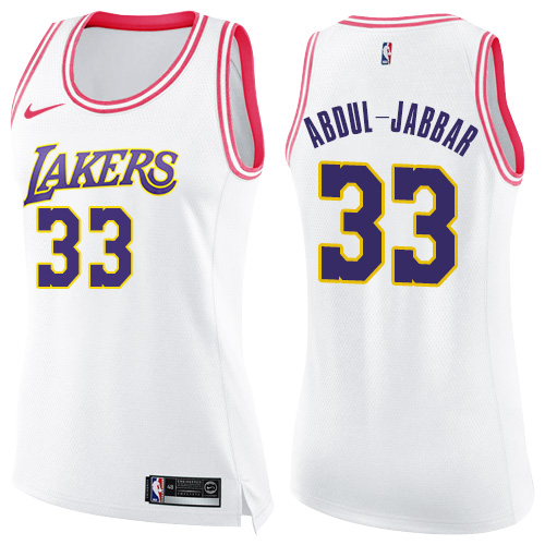 Women's Nike Los Angeles Lakers #33 Kareem Abdul-Jabbar Swingman White/Pink Fashion NBA Jersey