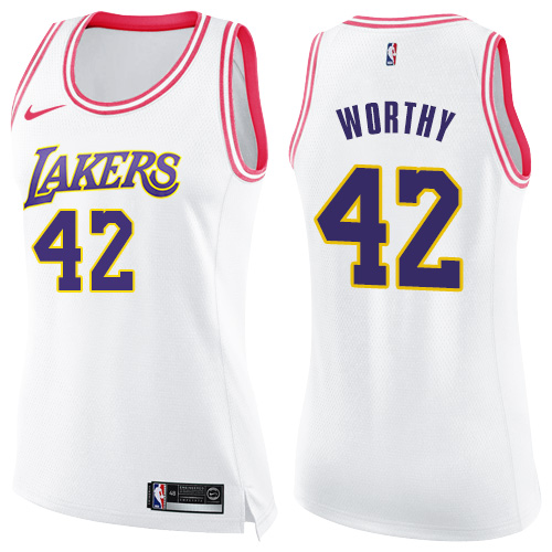 Women's Nike Los Angeles Lakers #42 James Worthy Swingman White/Pink Fashion NBA Jersey