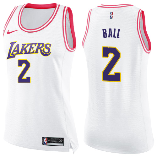 Women's Nike Los Angeles Lakers #2 Lonzo Ball Swingman White/Pink Fashion NBA Jersey