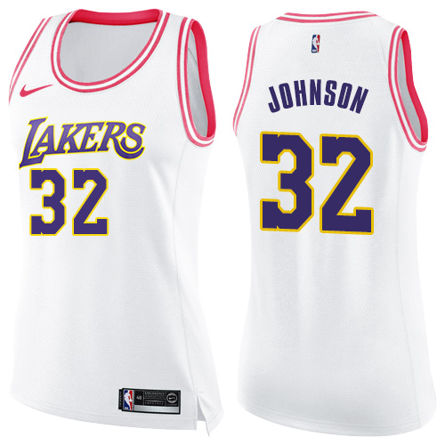 Women's Nike Los Angeles Lakers #32 Magic Johnson Swingman White/Pink Fashion NBA Jersey