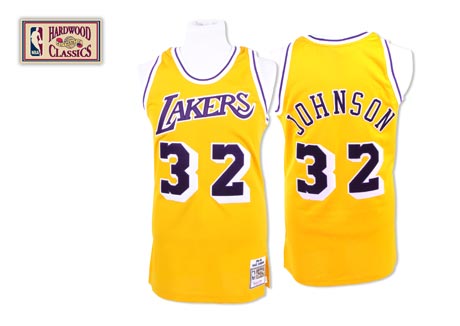 Men's Mitchell and Ness Los Angeles Lakers #32 Magic Johnson Authentic Gold Throwback NBA Jersey